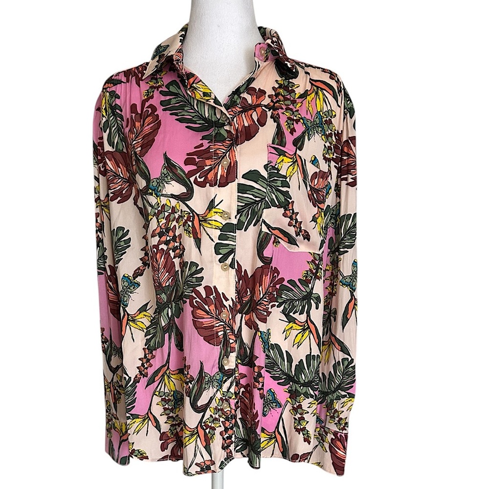 Free People Under The Palm Leaves Tropical Pink Button-Down Blouse Women’s Sz XS